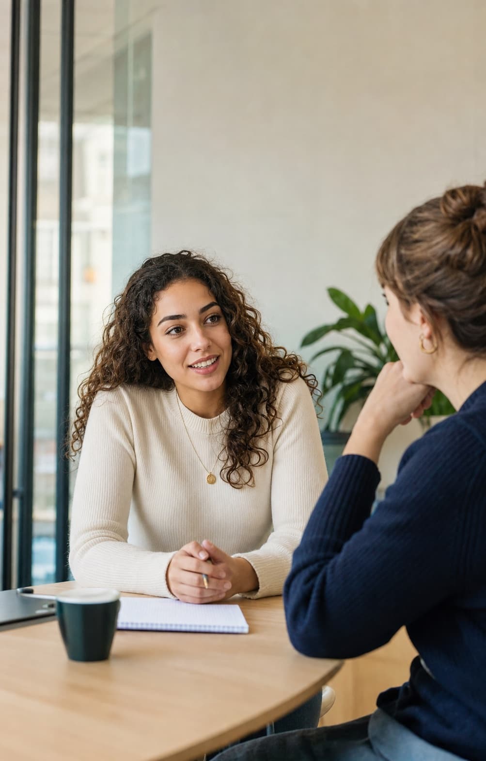 Une jeune Française échange avec une conseillère au sujet de son organisation